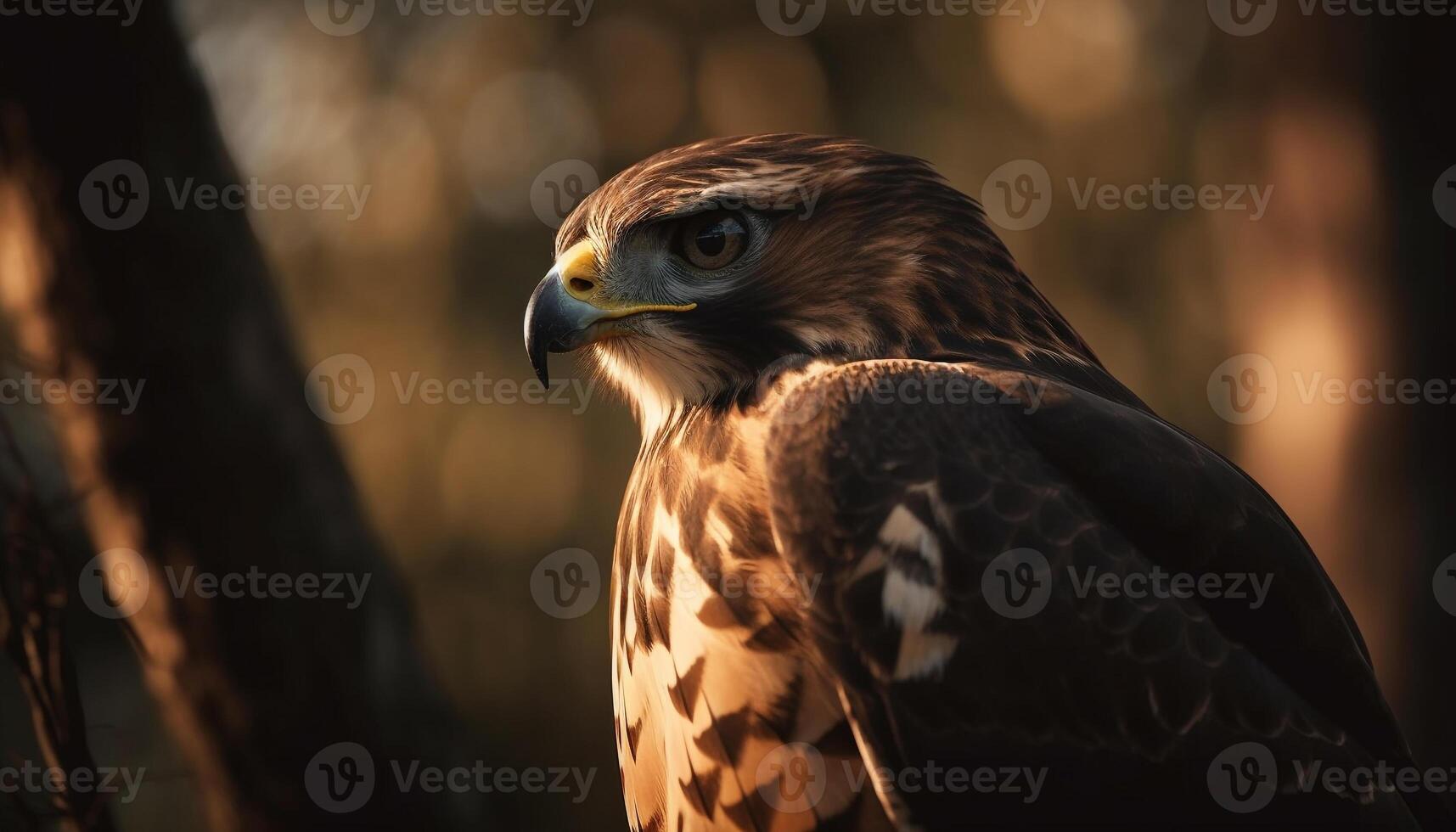 majestueux faucon se percher sur bifurquer, lorgnant proie généré par ai photo