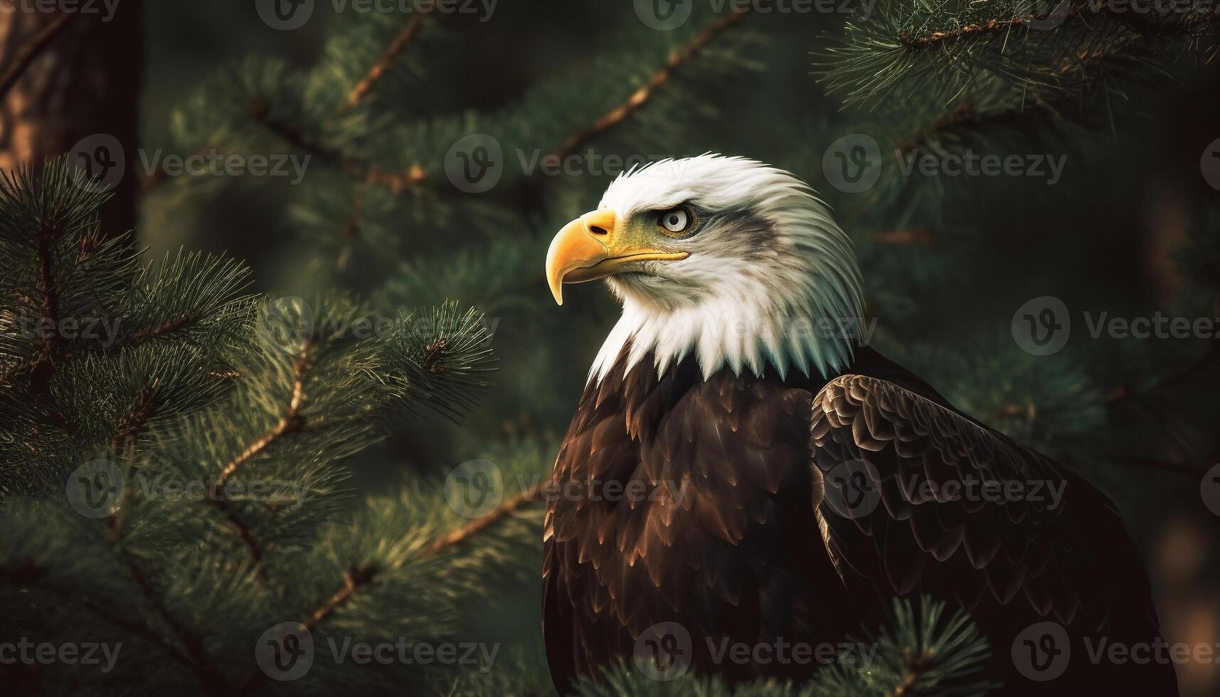 majestueux chauve Aigle se percher sur neigeux pin généré par ai photo