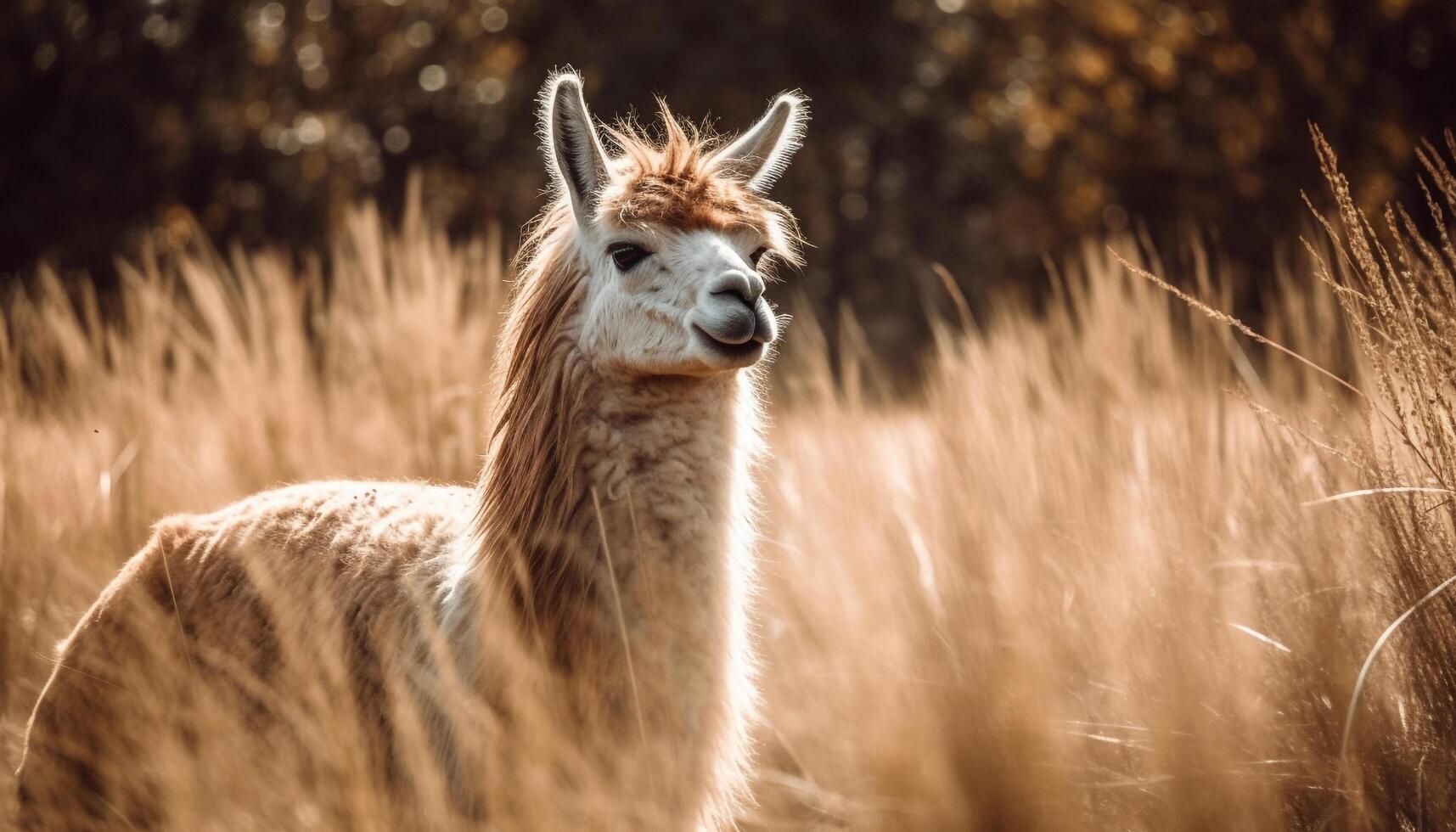 mignonne alpaga pâturage dans rural Prairie portrait généré par ai photo