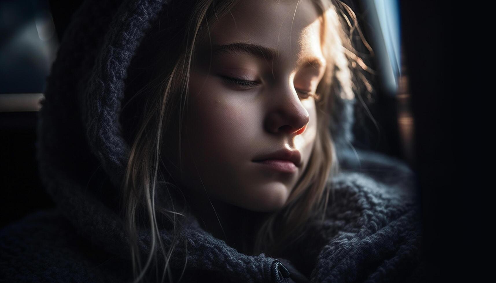 Jeune femme dans chaud Vêtements regards triste en plein air généré par ai photo