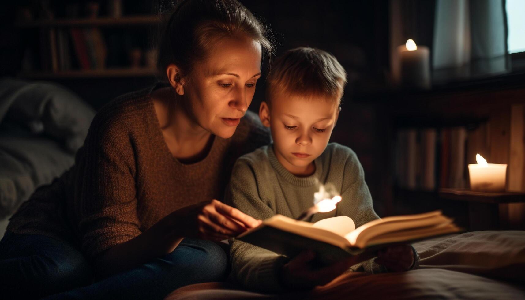 famille collage plus de heure du coucher récit dans lumière du feu généré par ai photo