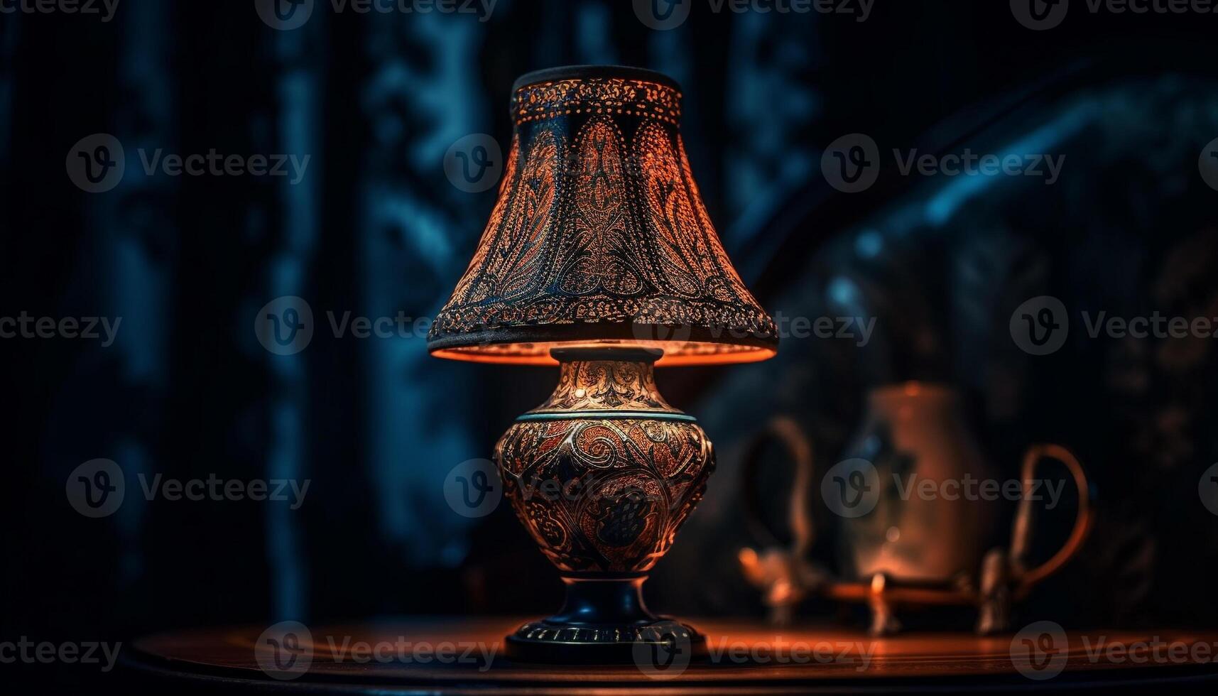 illuminé vieux façonné lampe sur rustique en bois table généré par ai photo