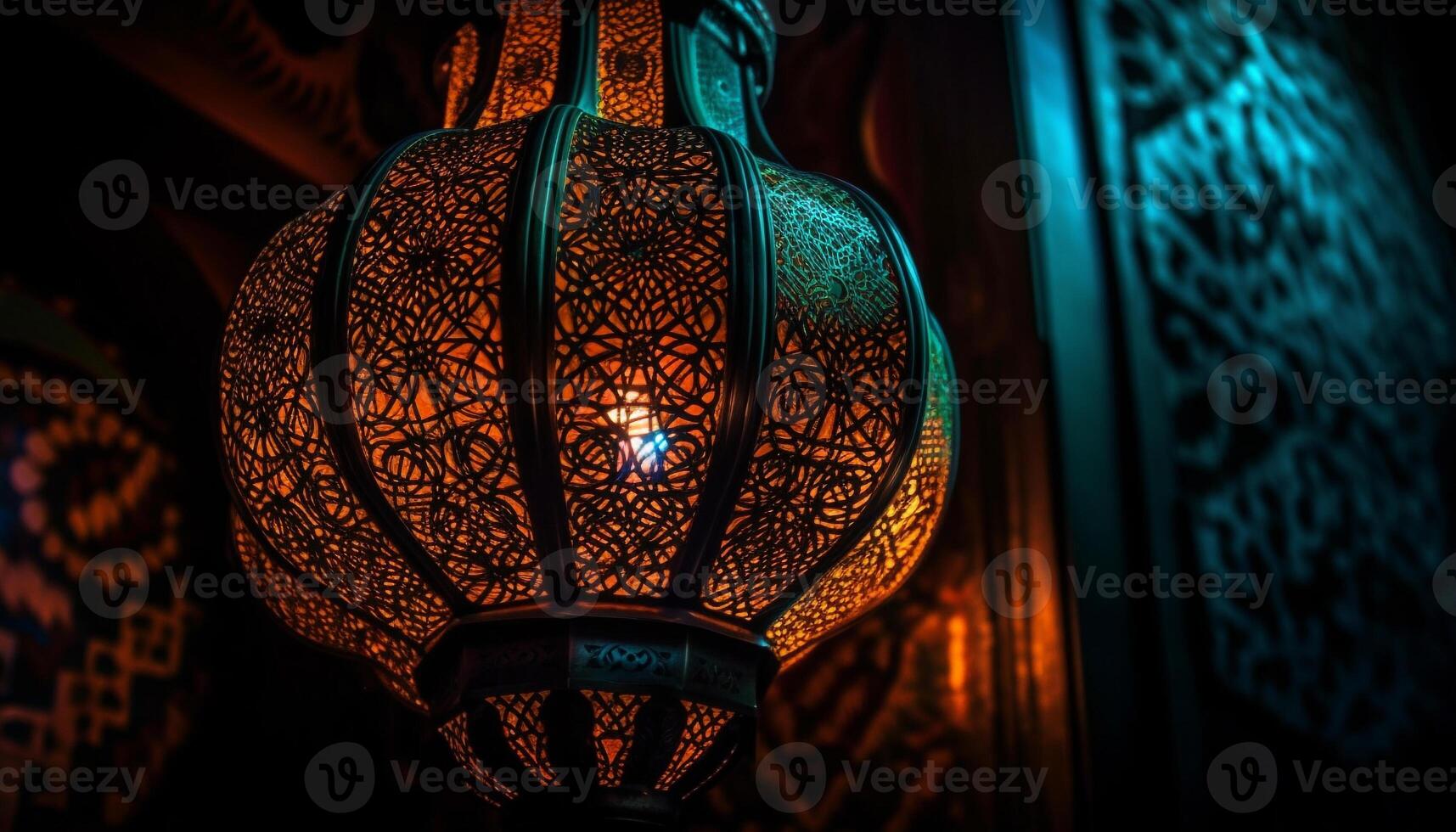 illuminé vieux façonné arabe lanterne pendaison en plein air généré par ai photo