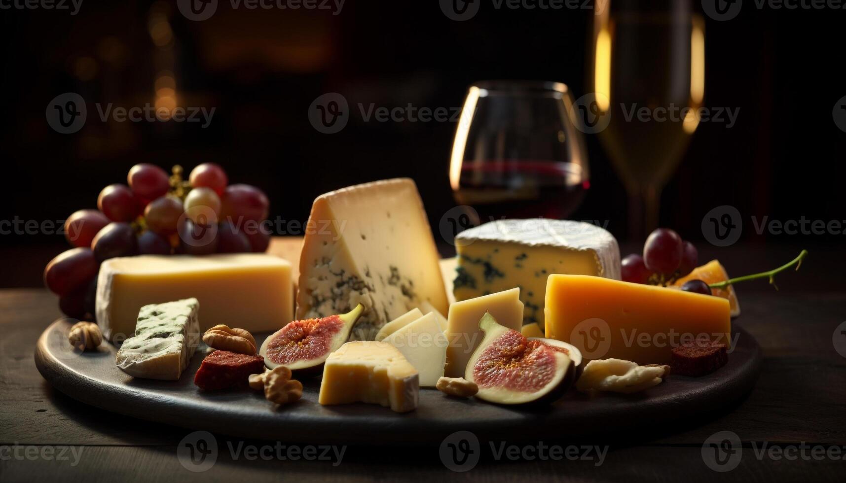 gourmet fromage et du vin sur rustique plateau généré par ai photo