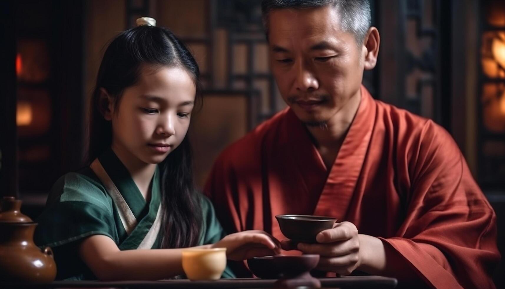 deux chinois Hommes, un enfant, séance Heureusement généré par ai photo