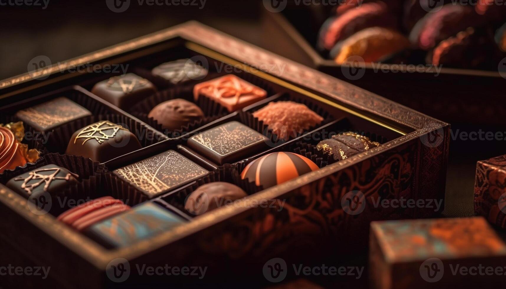 indulgent cadeau boîte de foncé Chocolat truffes généré par ai photo