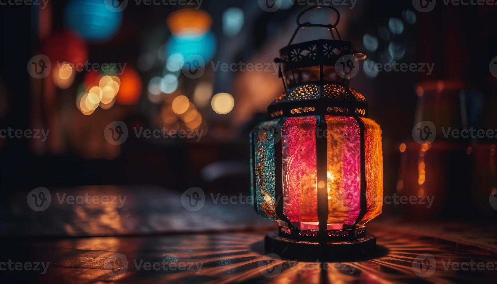 antique lanterne embrasé, pendaison à l'extérieur dans Ramadan généré par ai photo