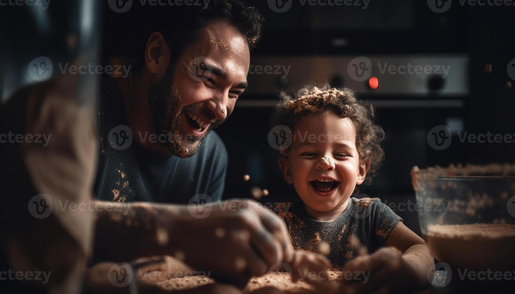 père et fils collage dans de bonne humeur cuisine amusement généré par ai photo