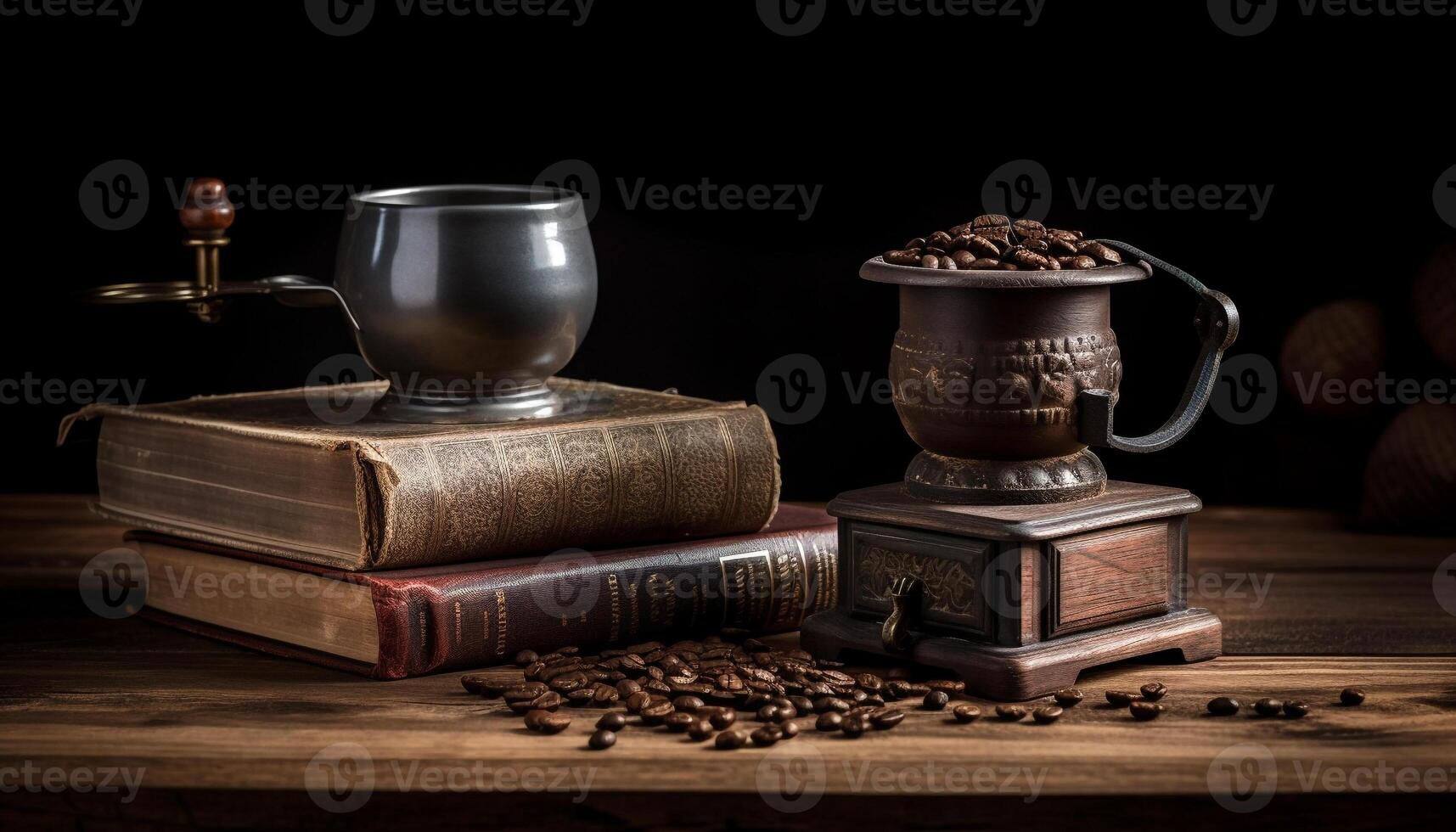 antique café broyeur, empilés littérature, rustique soucoupe généré par ai photo