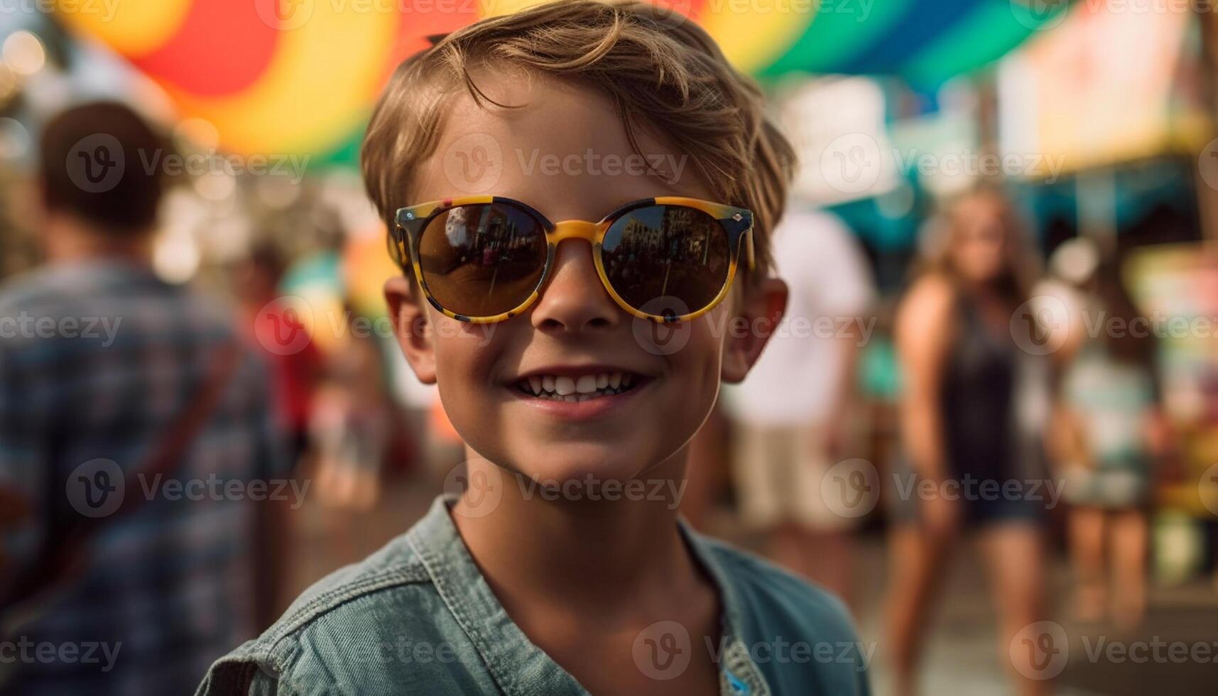 mignonne caucasien garçons dans des lunettes de soleil profiter carnaval amusement généré par ai photo