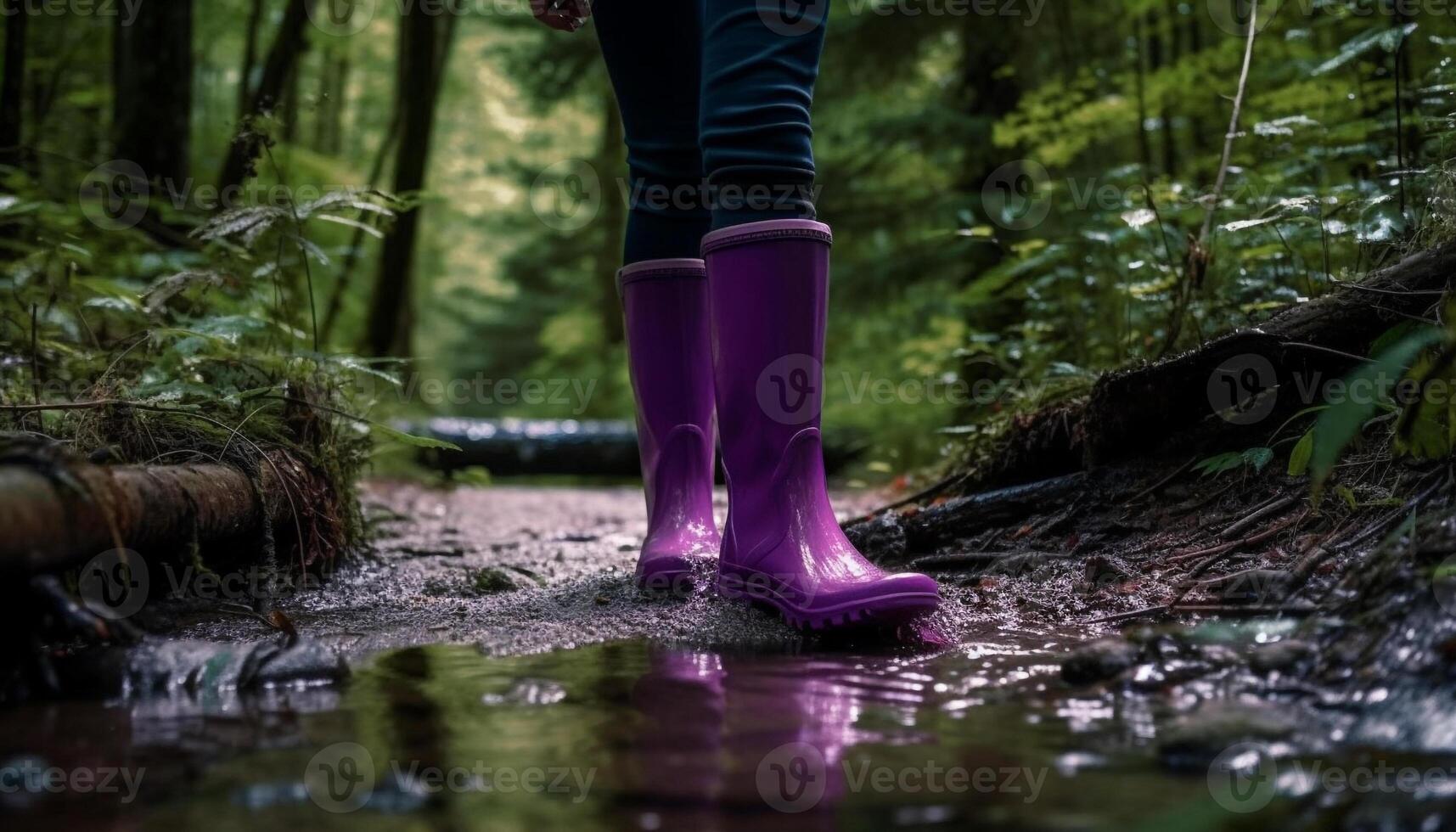 caoutchouc bottes éclabousser par l'automne humide forêt généré par ai photo