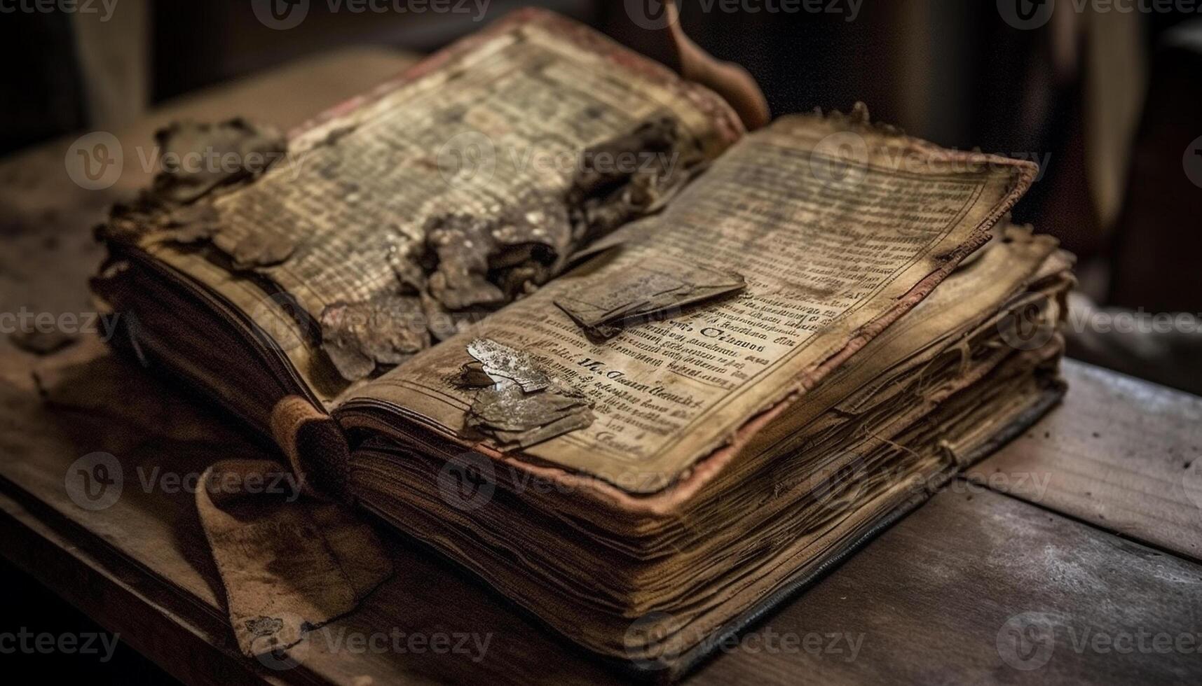 ancien Bible page sur vieux livre table généré par ai photo