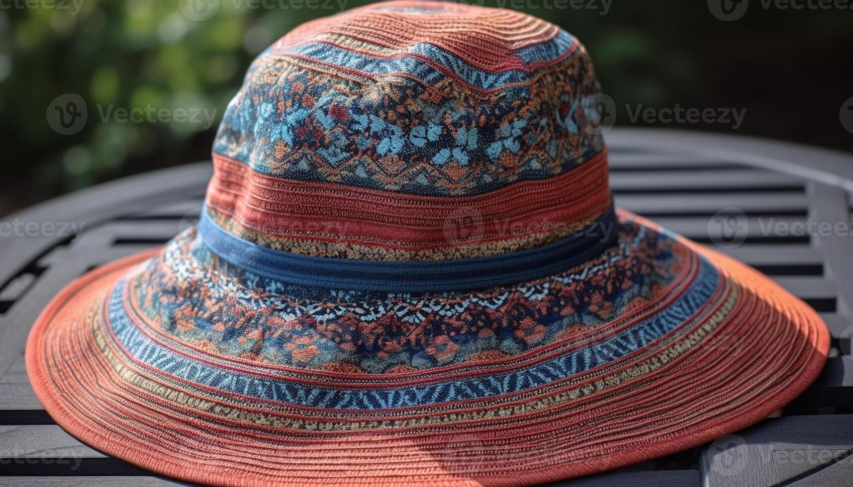tissé paille chapeau avec coloré à motifs bande généré par ai photo