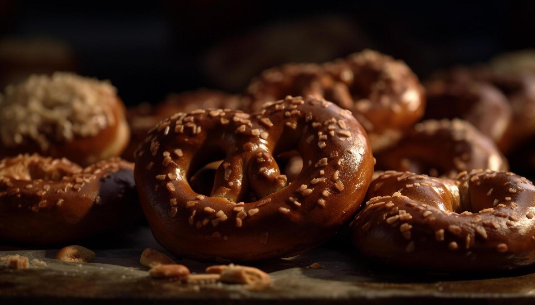 Frais gourmet bretzels empilés sur rustique table généré par ai photo