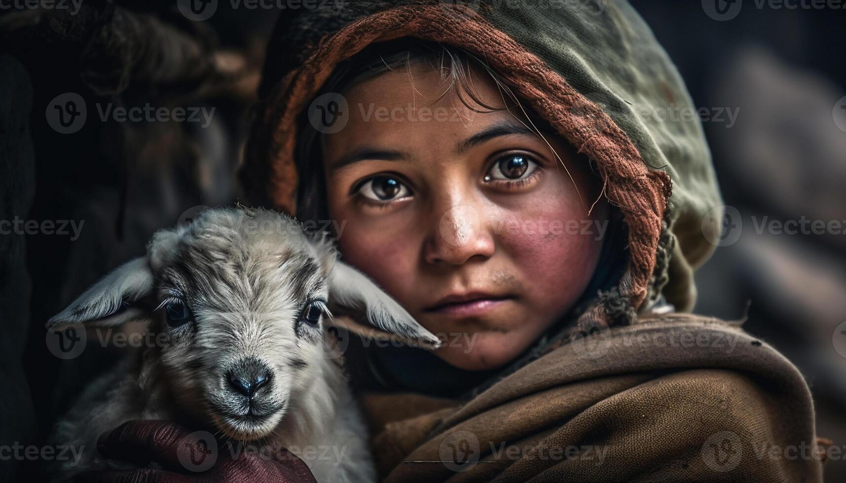 mignonne fille souriant, en portant cornu chèvre proche en haut généré par ai photo
