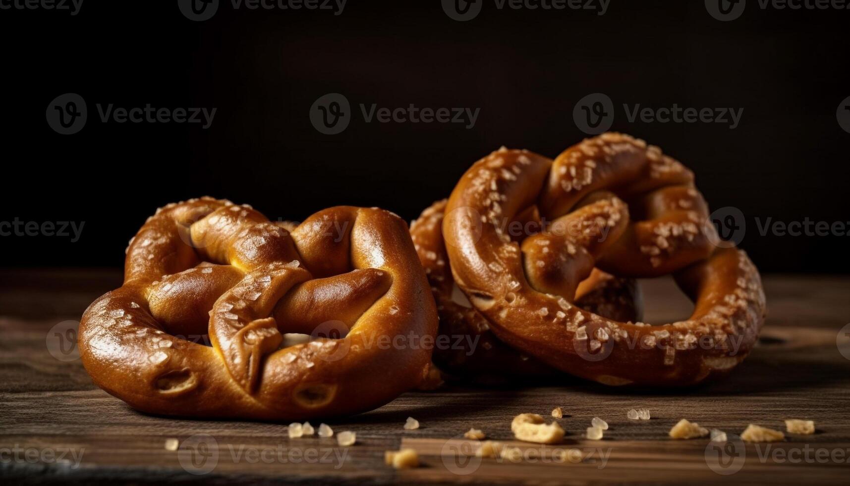 d'or cuit bretzels sur rustique en bois table généré par ai photo