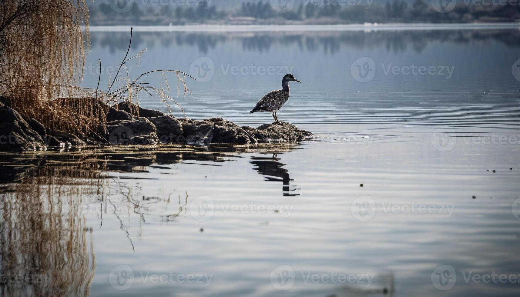 magnifique cygne permanent dans tranquille étang l'eau généré par ai photo