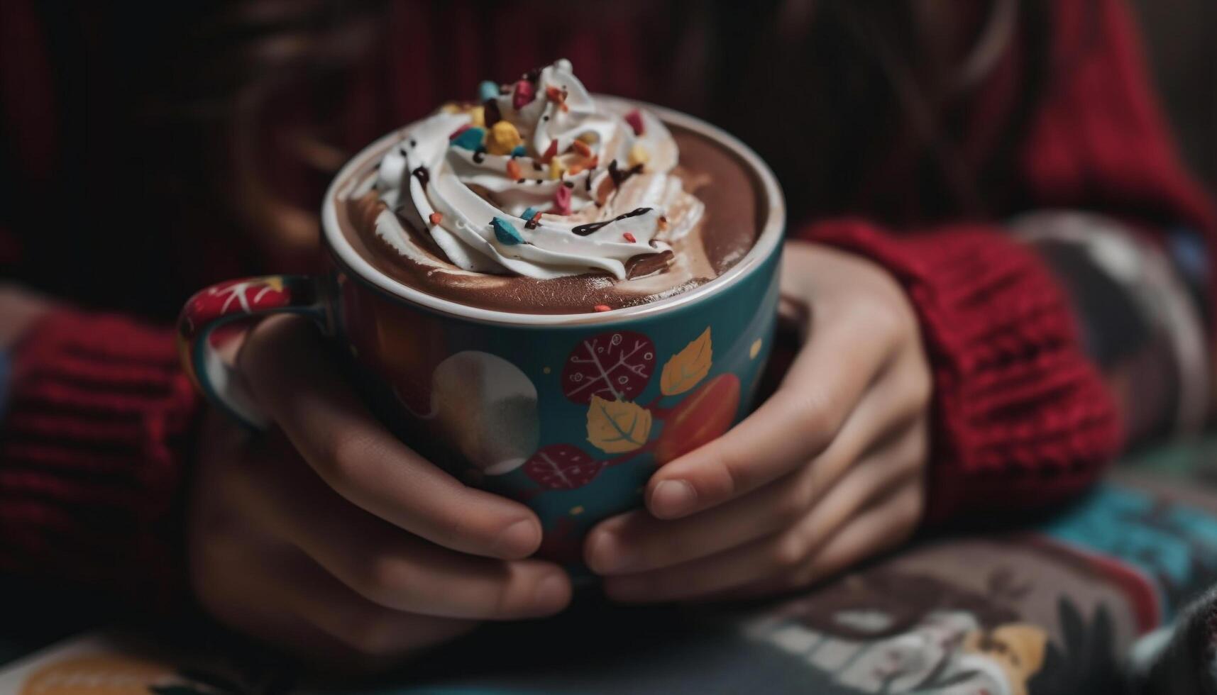 adulte femme en portant chaud chocolat, souriant à l'intérieur généré par ai photo