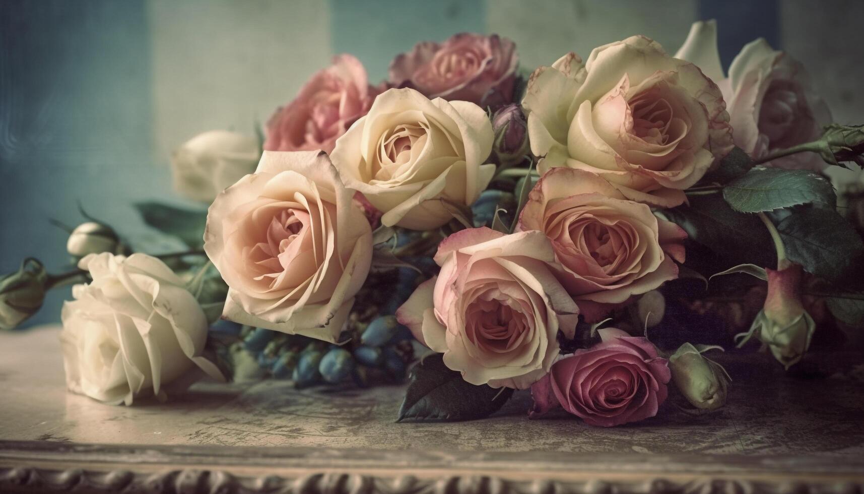 romantique bouquet sur en bois tableau, été fête généré par ai photo