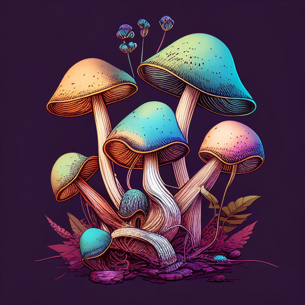 une dessin de coloré champignons dans marron violet ai généré photo