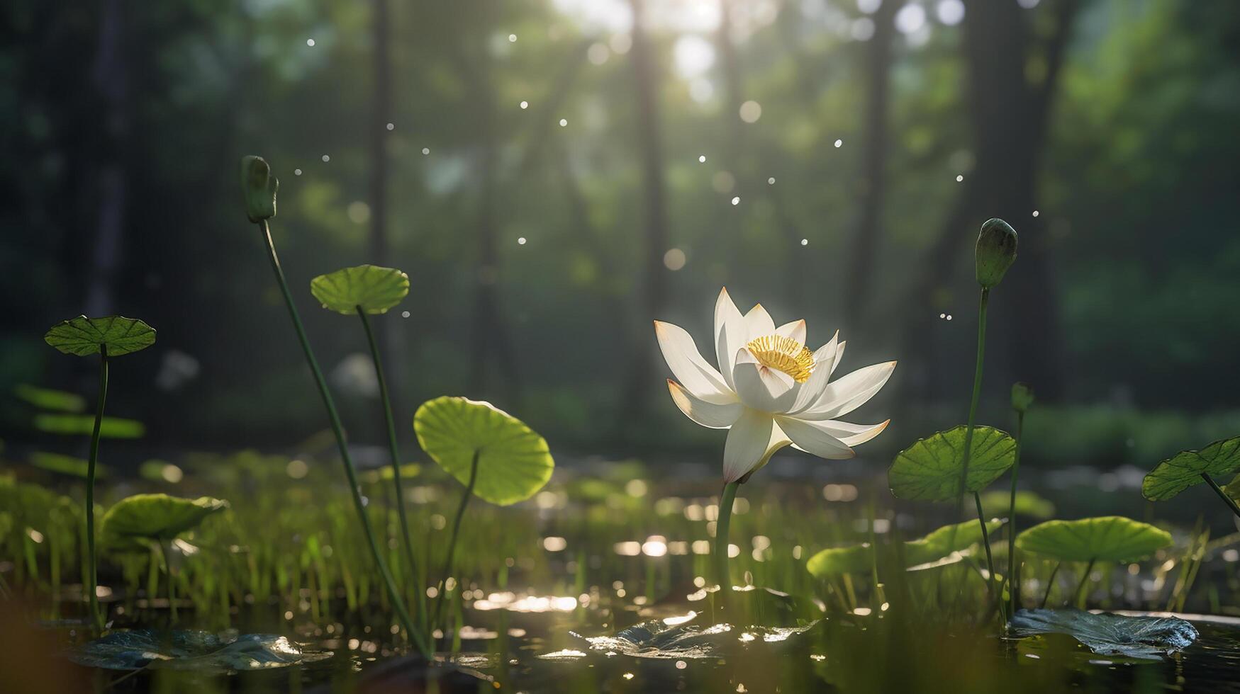 lotus fleur, une Célibataire lotus fleur brillant dans le soleil, ai généré photo