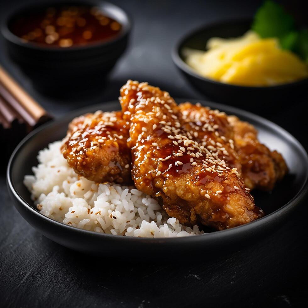 frit poulet, sésame frit poulet avec riz, ai généré photo