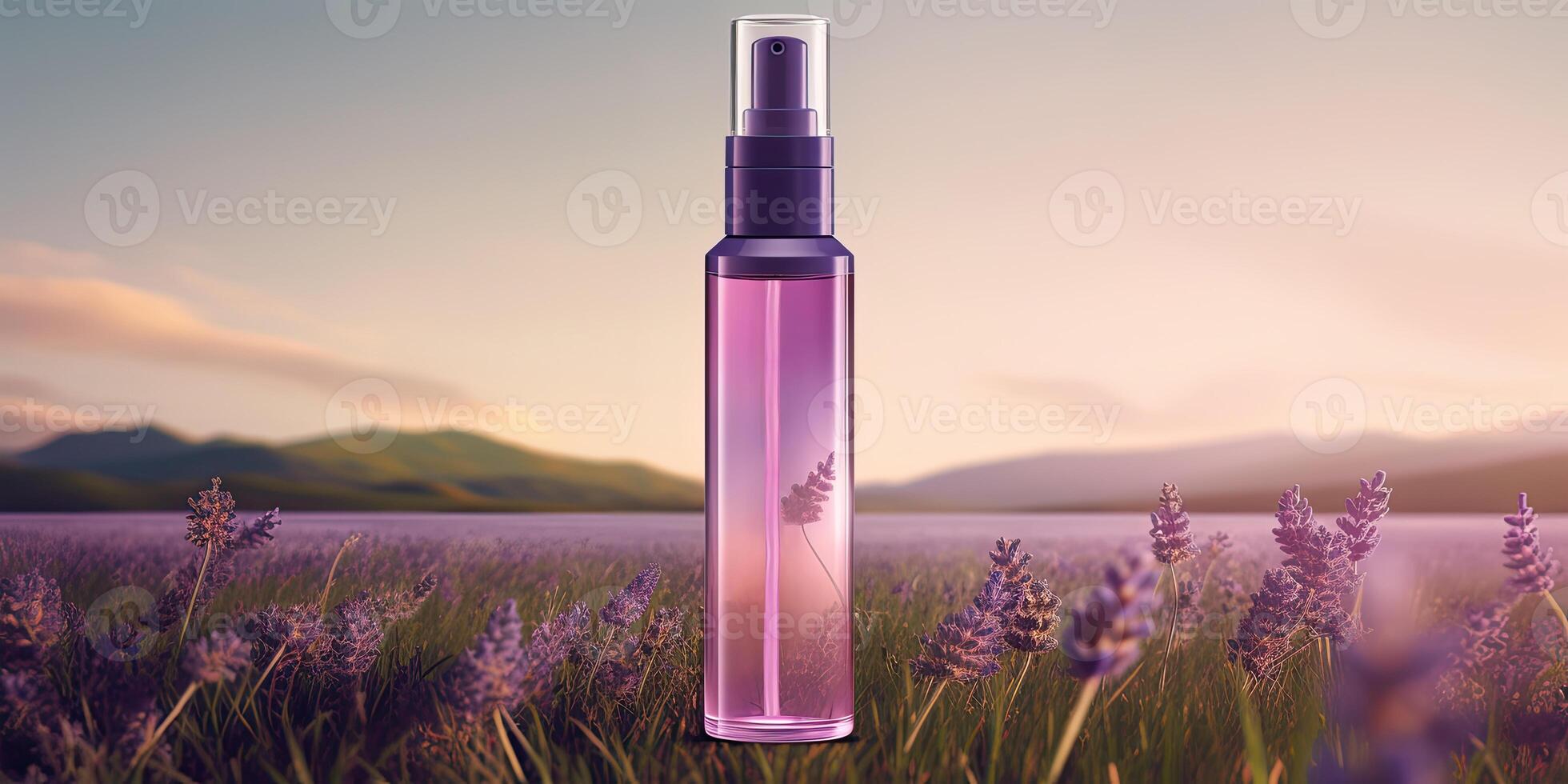 Naturel ou à base de plantes composition essentiel produit transparent vaporisateur bouteille maquette sur lavande paysage pour La publicité concept. génératif ai. photo