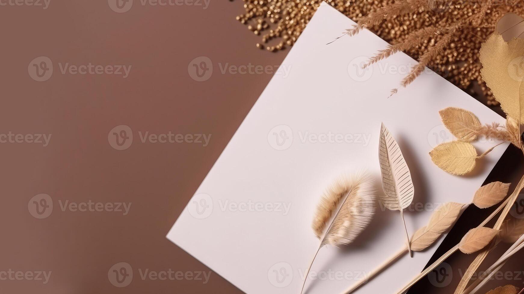 plat allonger blanc Vide papier avec d'or feuilles sur marron des graines Contexte. ancien délicat mariage invitation carte conception. génératif ai. photo