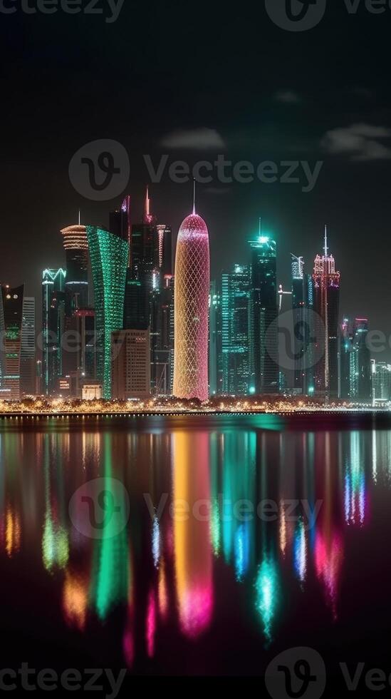 éblouissant nuit panoramique vue de Qatar horizon reflétant dans le l'eau. génératif ai technologie. photo