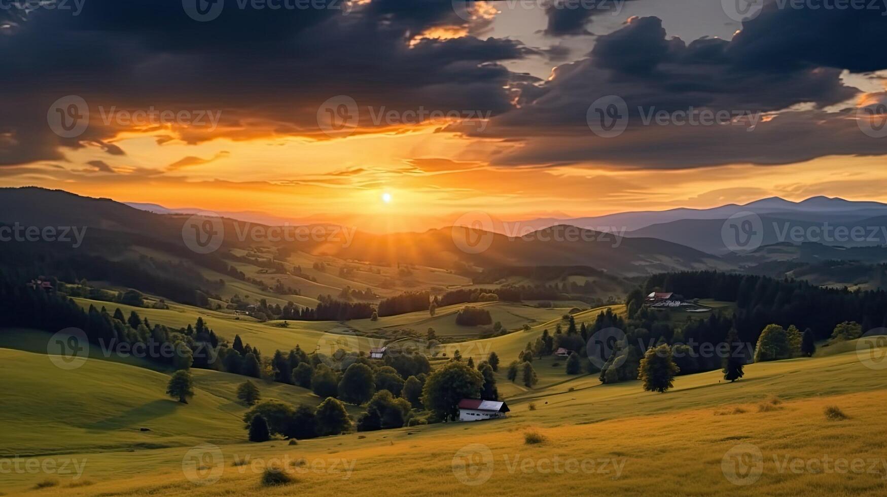 Montagne campagne paysage à le coucher du soleil. spectaculaire ciel plus de une loin vallée. vert des champs et des arbres sur colline. magnifique Naturel paysages de le Carpates génératif ai variation 2 photo