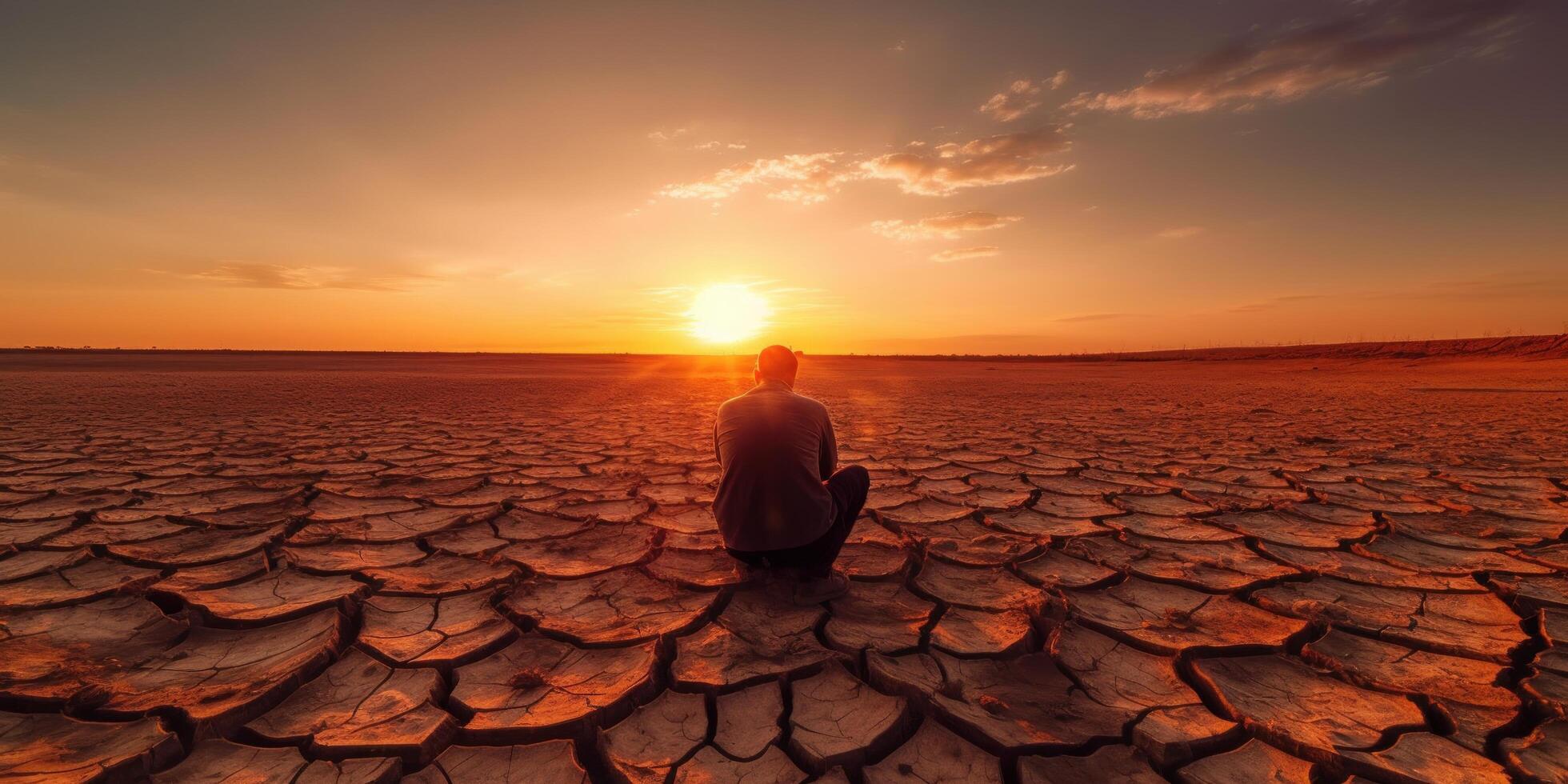 silhouette triste homme sur crépiter Terre, climat changement et global chauffage concept. génératif ai photo