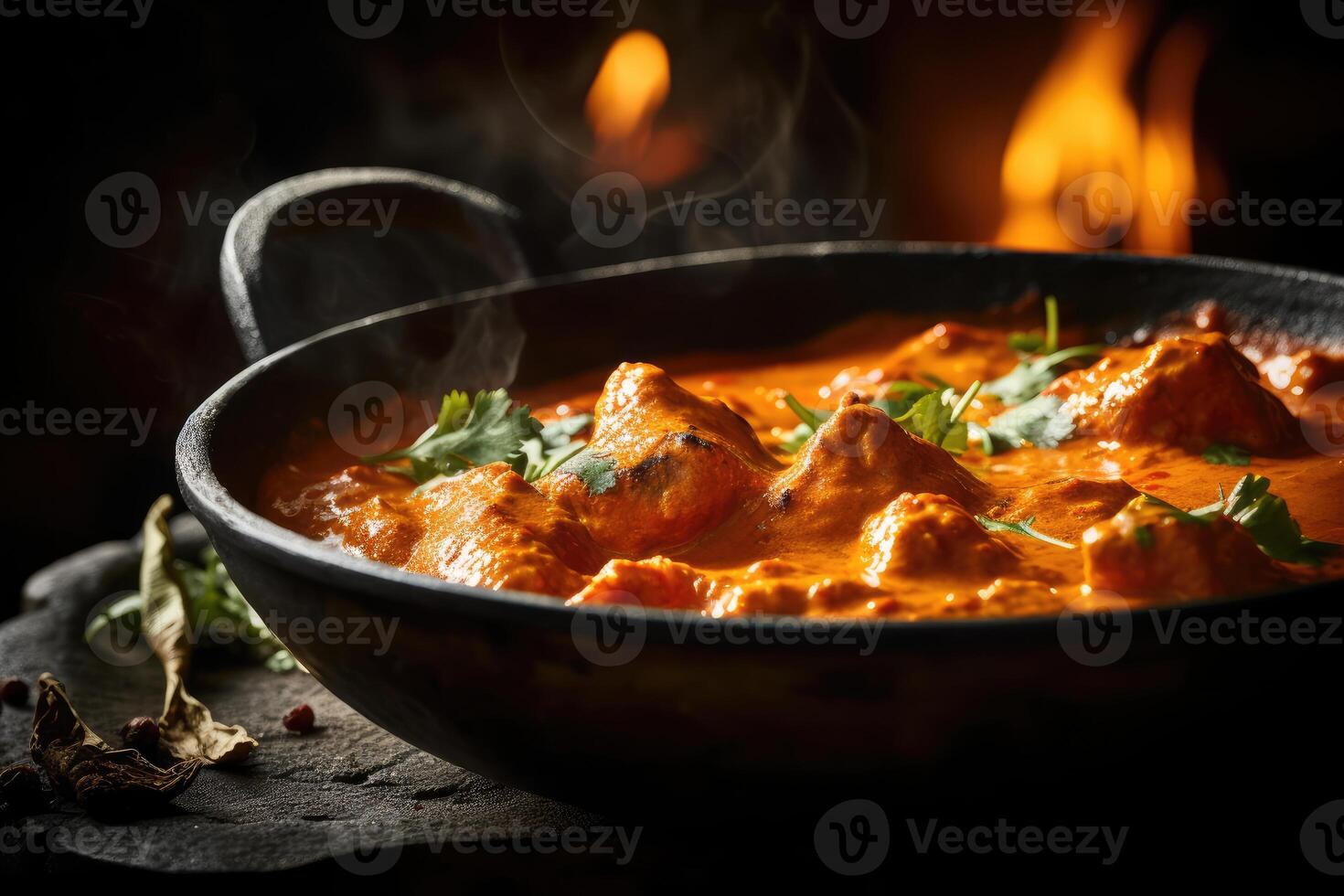 Indien fumant bol de poulet tikka Masala. ai généré photo