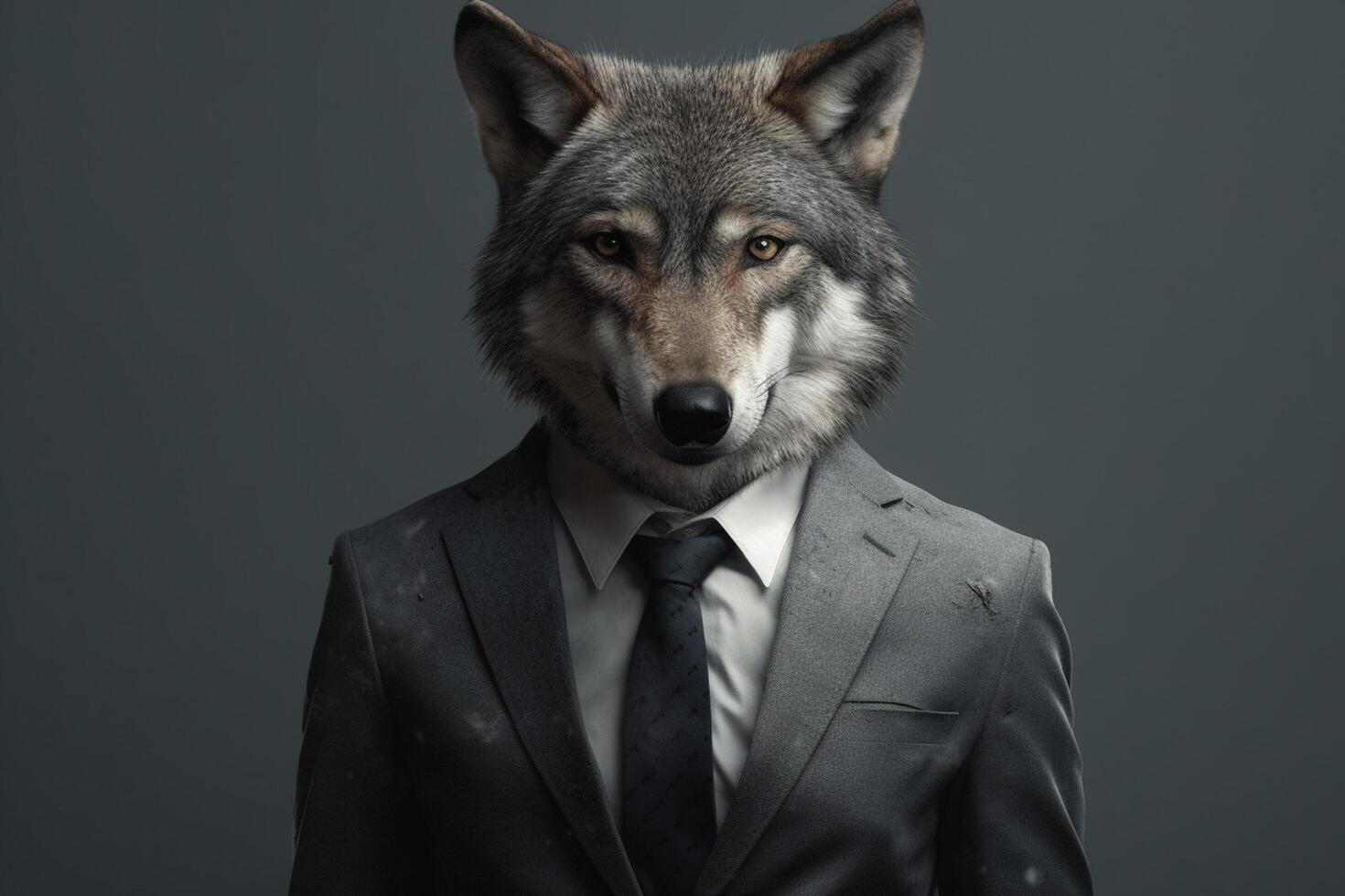 portrait de une Loup chien dans une costume sur un foncé Contexte génératif ai photo
