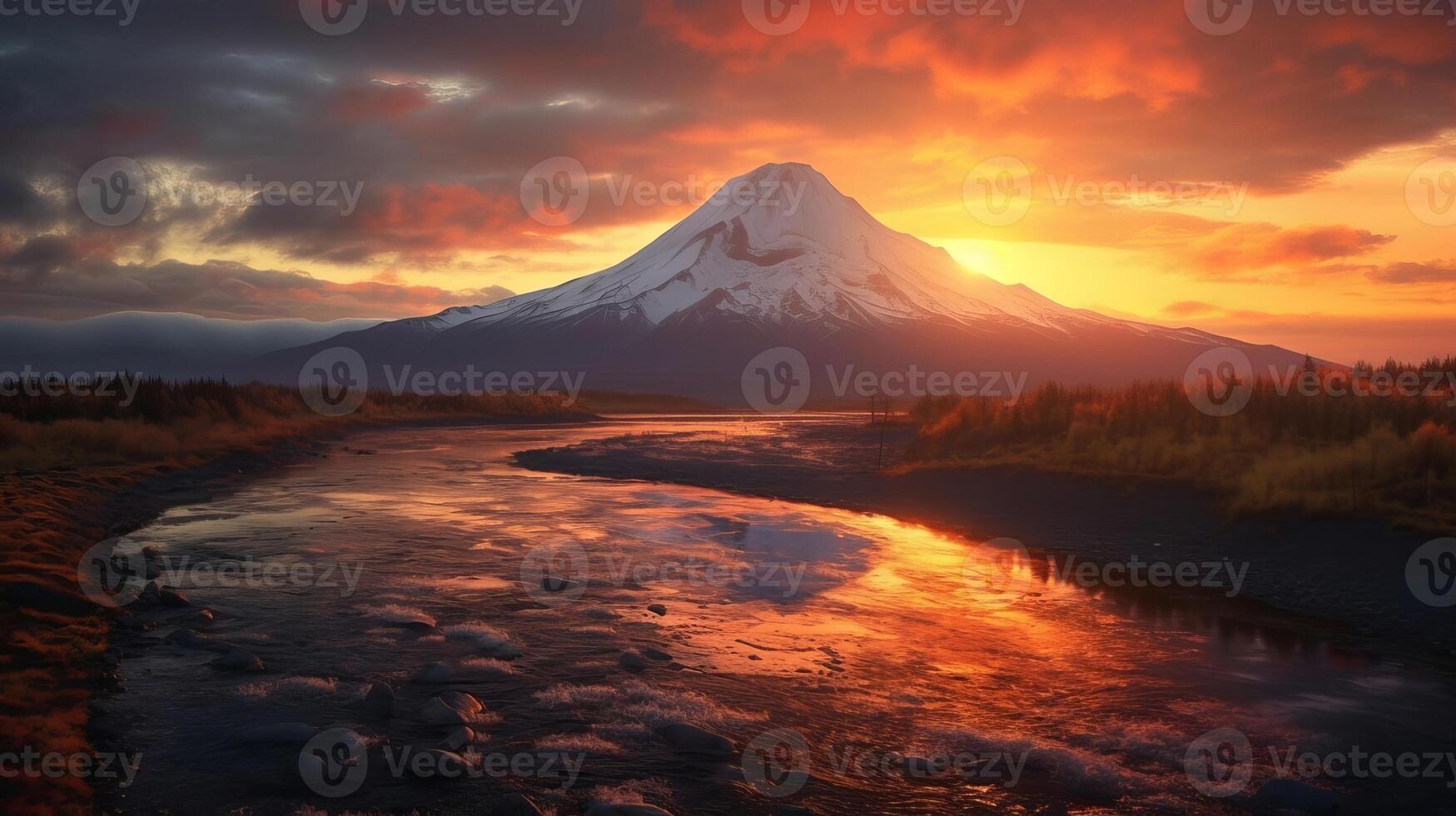 désorientant coucher de soleil, Montagne et lac. Créatif Ressource, ai généré photo