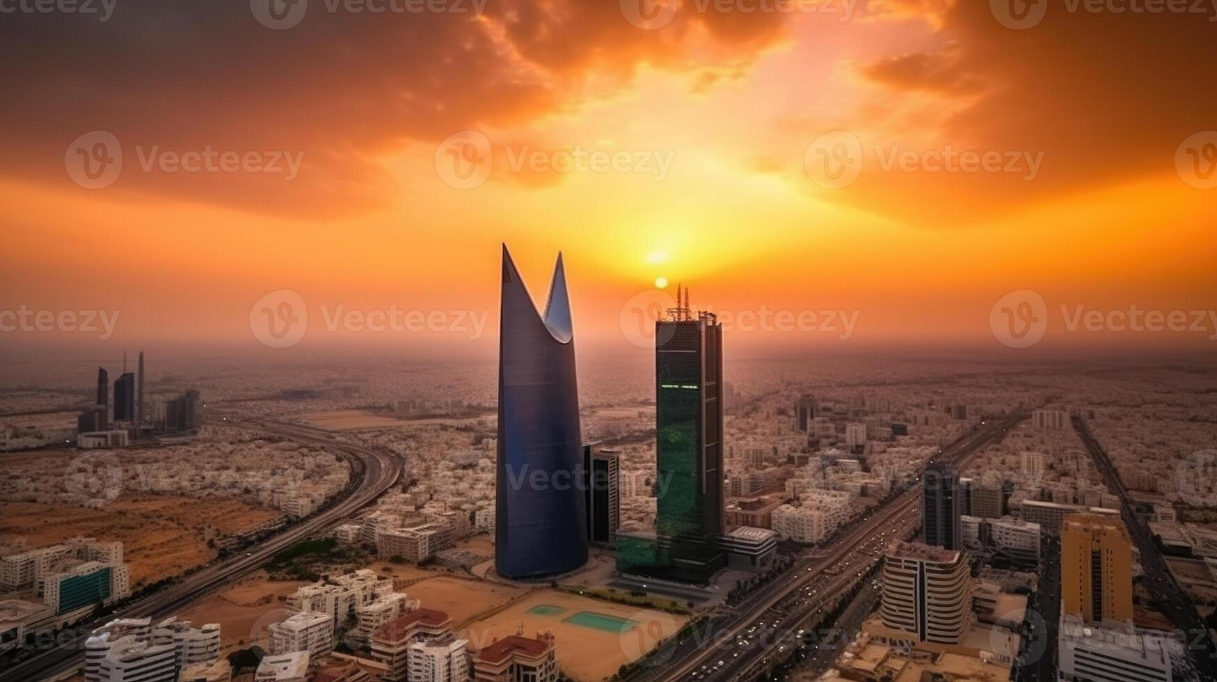 panoramique ville coup de riyad montrant horizon Repères, Bureau et Résidentiel bâtiments pendant le coucher du soleil ou lever du soleil dans Sud Saoudite. génératif ai technologie. photo