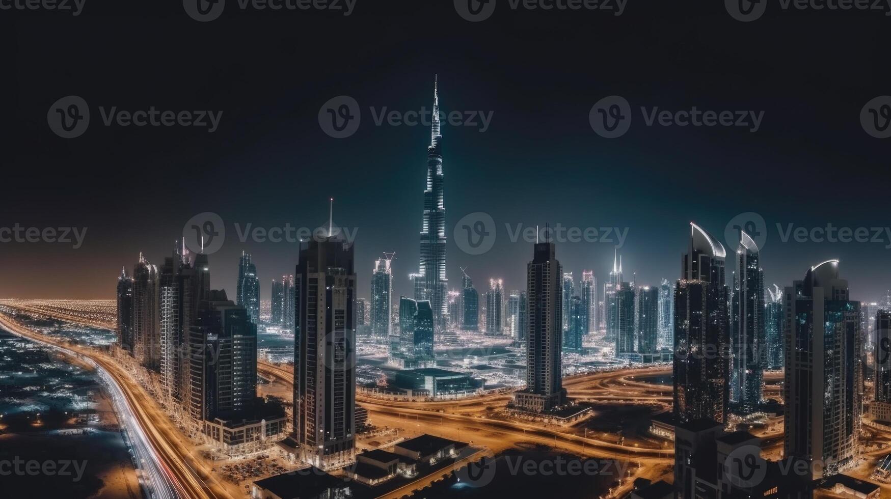 Dubai, Émirats arabes unis paysage urbain à nuit avec lumières surplombant le burj khalifa. incroyable touristique destination, génératif ai technologie. photo