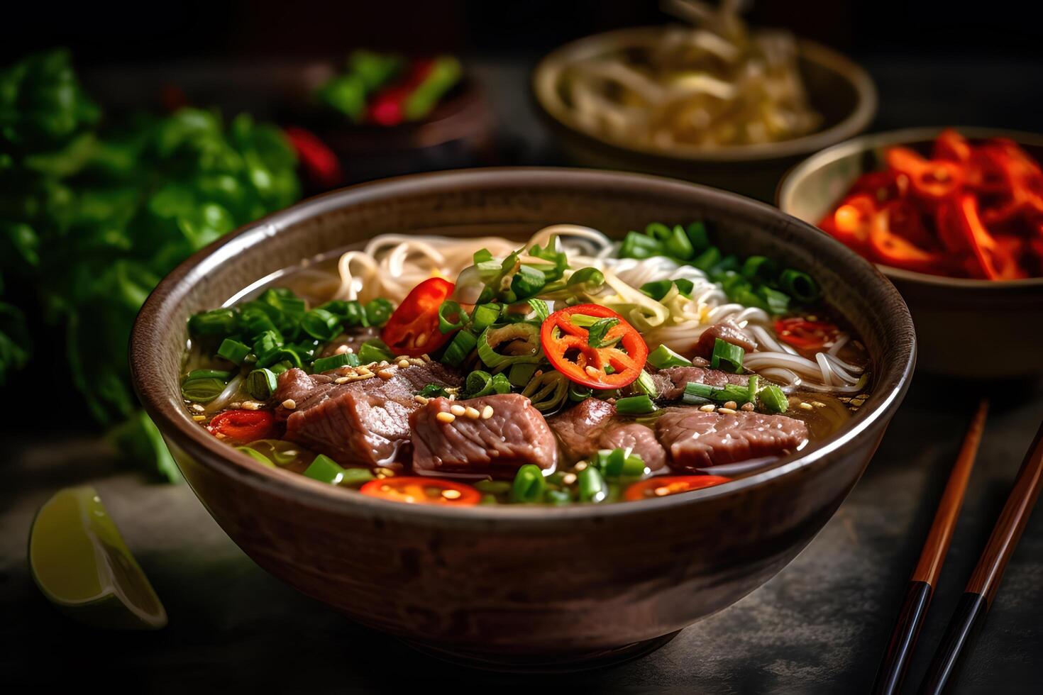 savoureux pho avec bœuf, nouilles, et herbes, vietnamien style, génératif ai photo