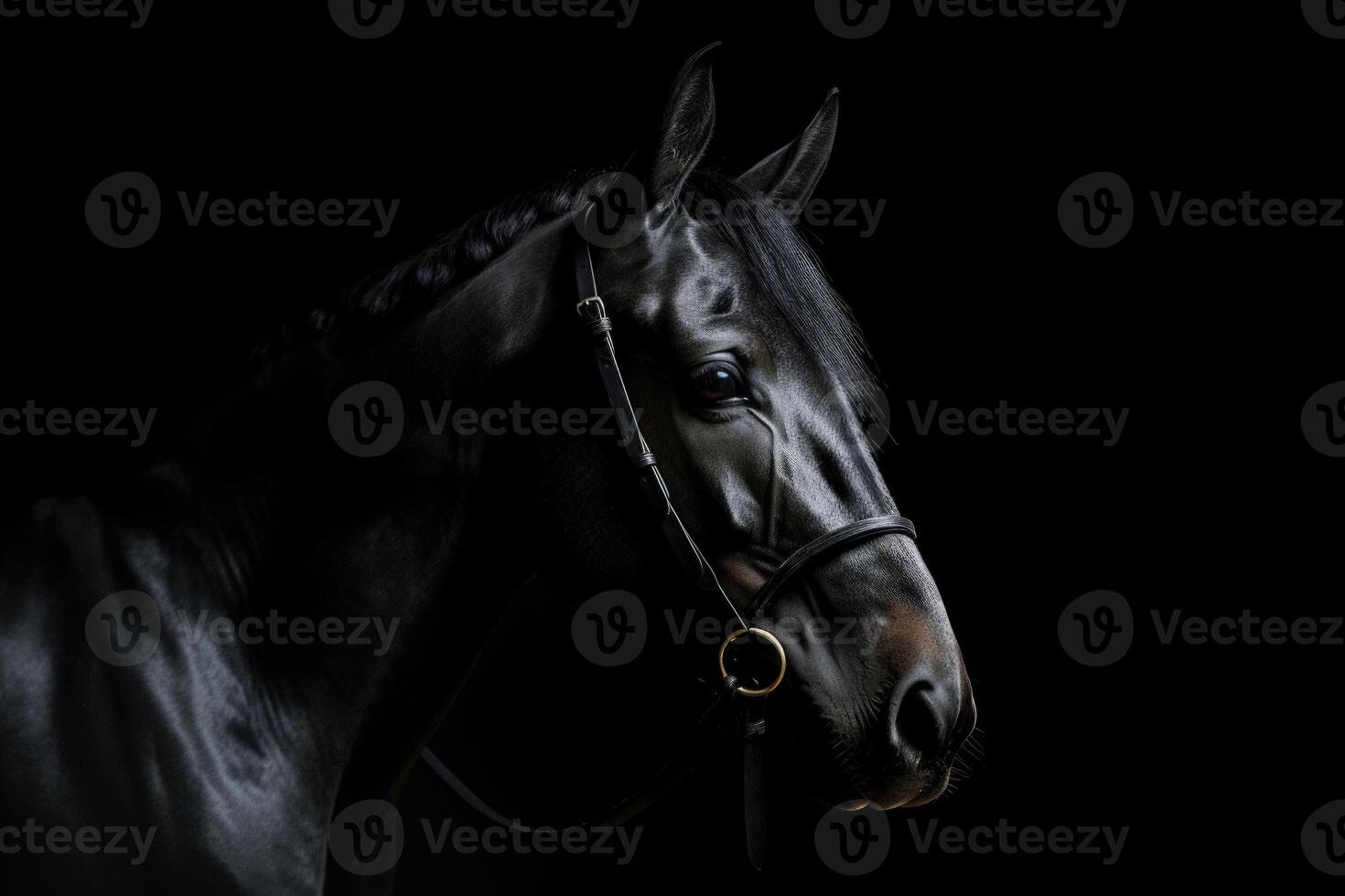 portrait de magnifique envoûtant noir cheval. génératif ai photo