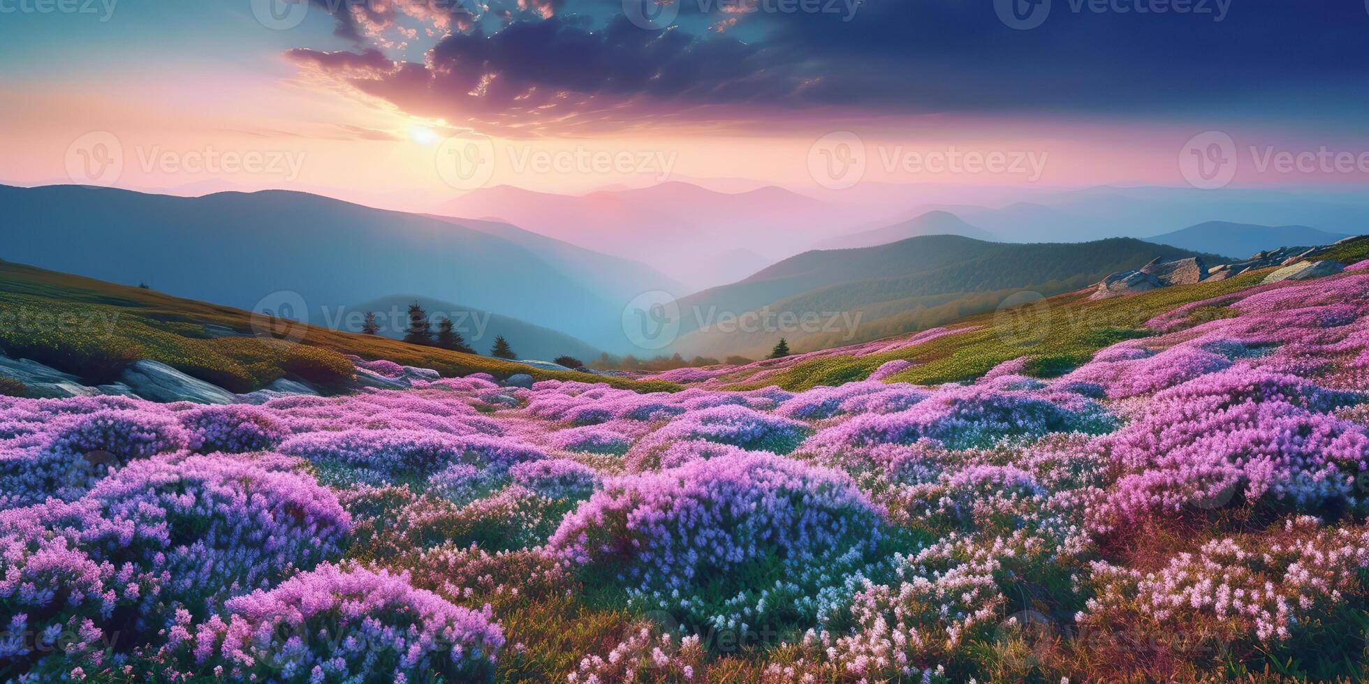 ai généré. ai génératif. magnifique rhododendron fleurs plus de le coucher du soleil montagnes champ paysage. graphique art photo