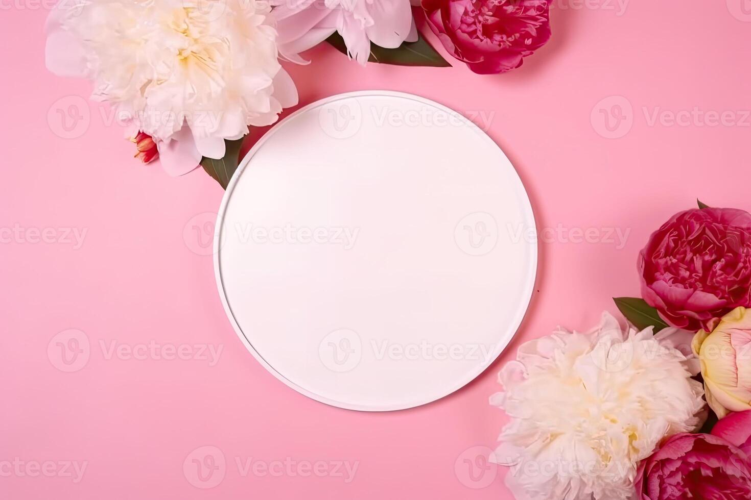 le Haut vue flatlay illustration de une blanc cercle avec pivoine et des roses. génératif ai photo