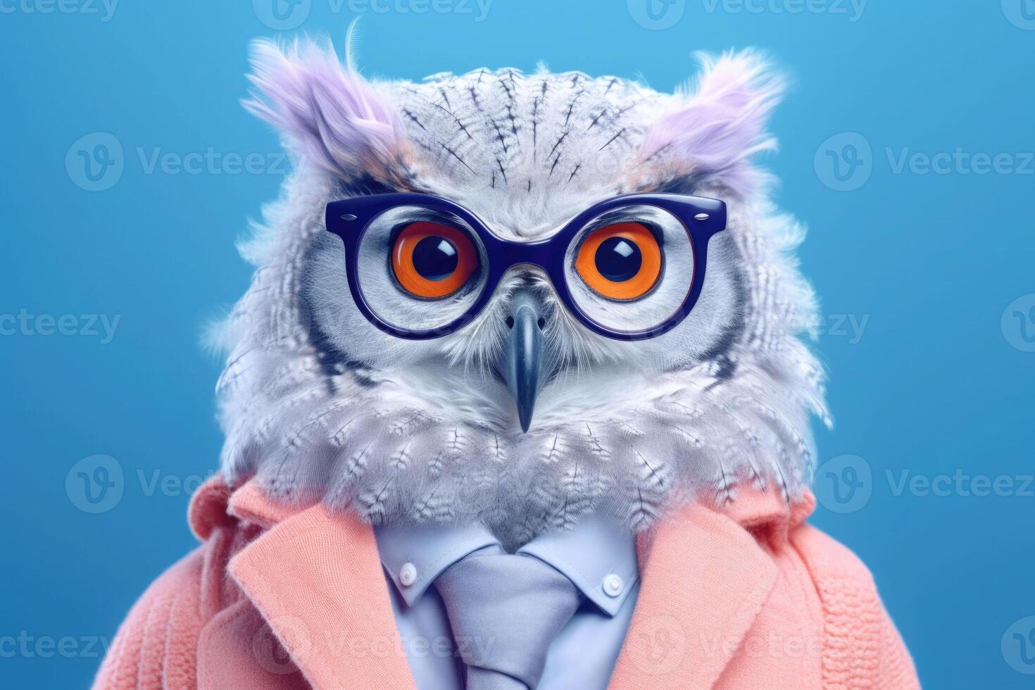 portrait de intelligent hibou portant une paire de des lunettes et une cravate. brillant couleurs. génératif ai photo