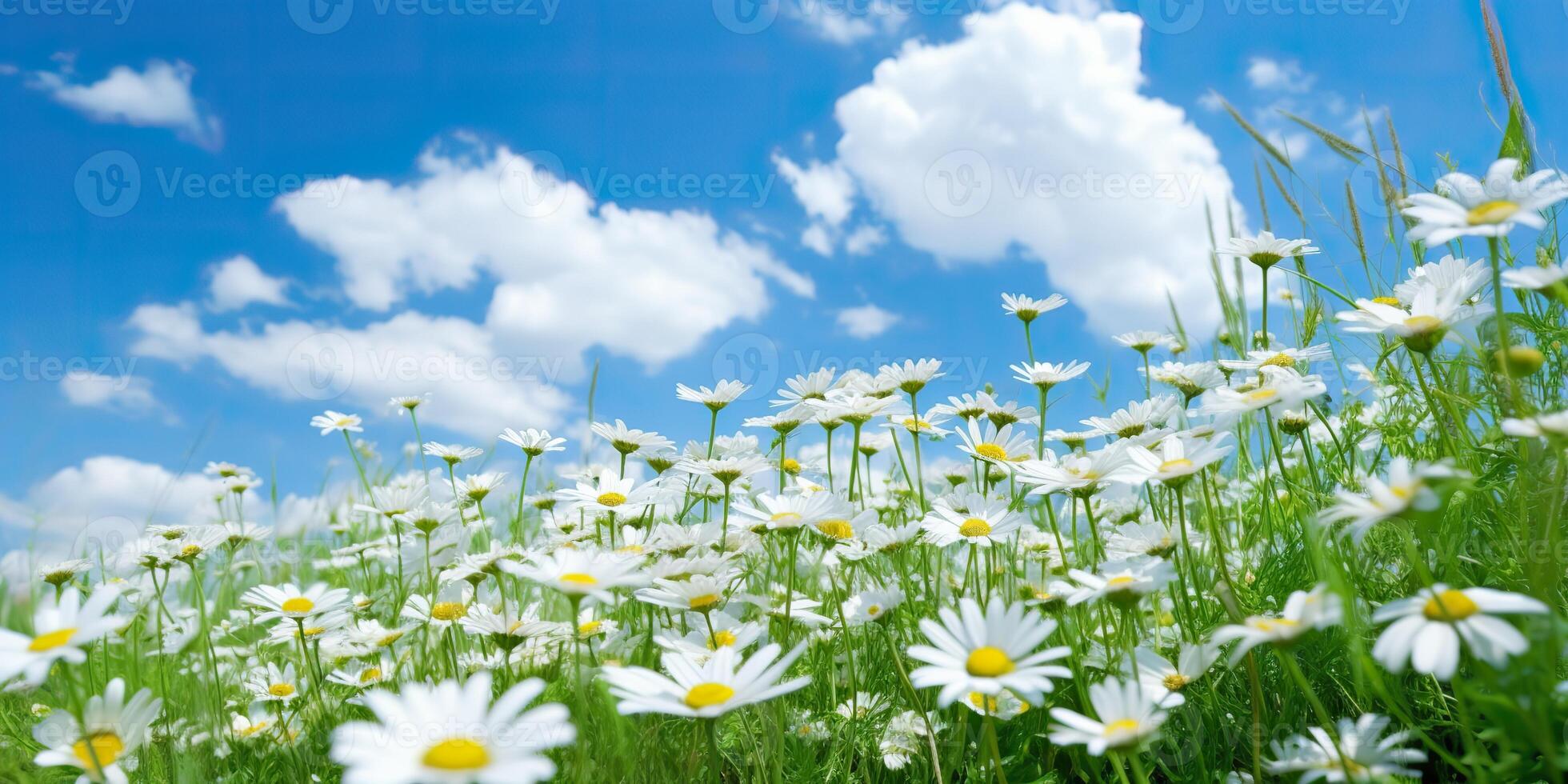 ai généré. ai génératif. sauvage marguerites dans le herbe avec une bleu ciel photo réaliste illustration. romantique