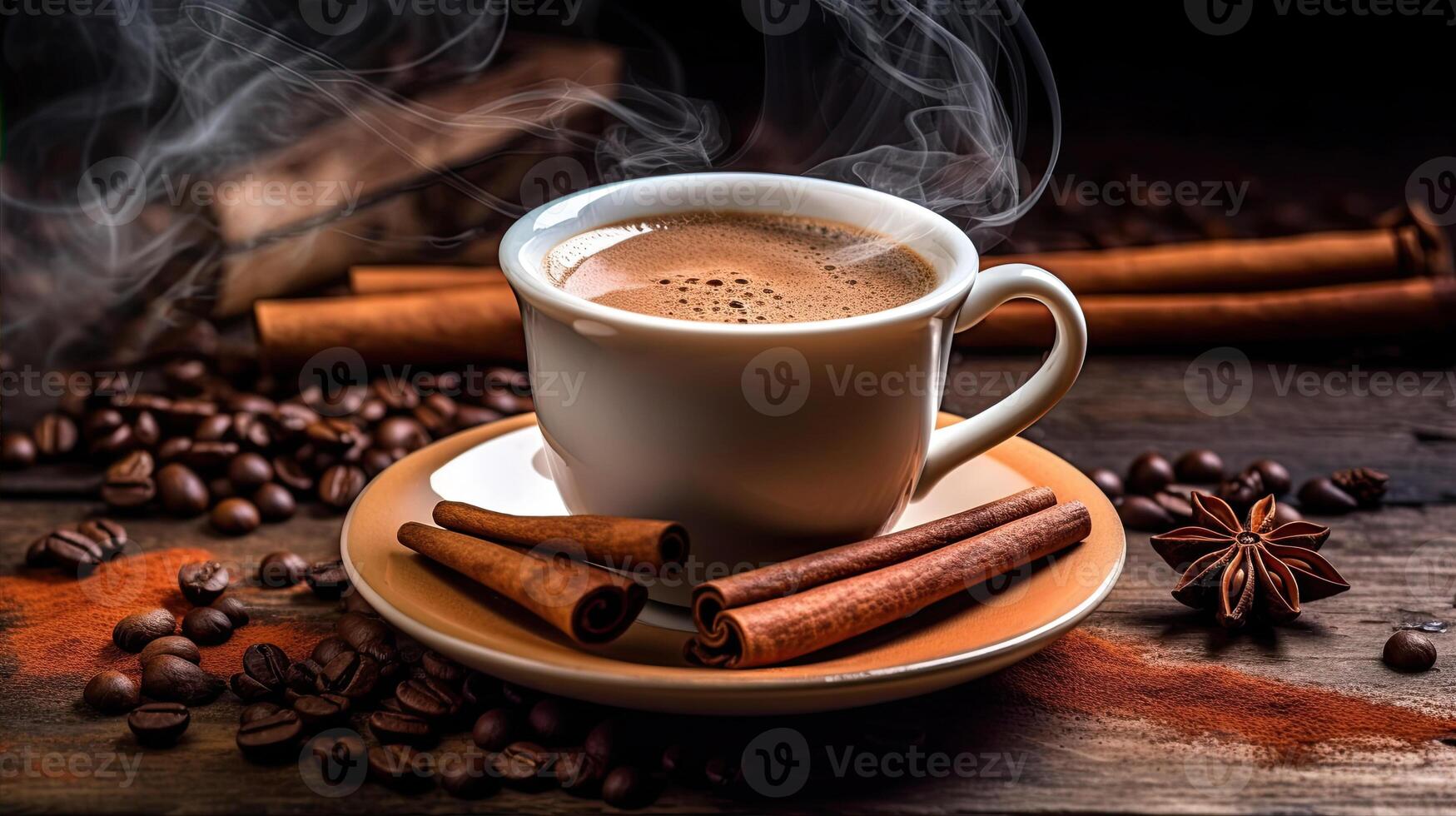 fumant café tasse avec parfumé cannelle et café haricots. établi avec génératif ai photo