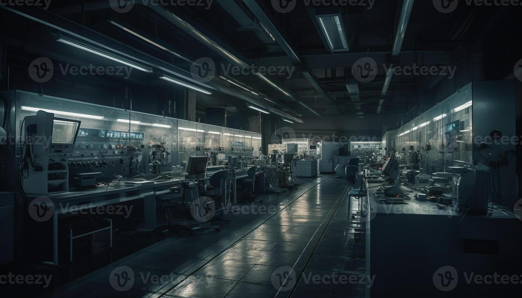 futuriste machinerie illumine moderne usine à nuit généré par ai photo