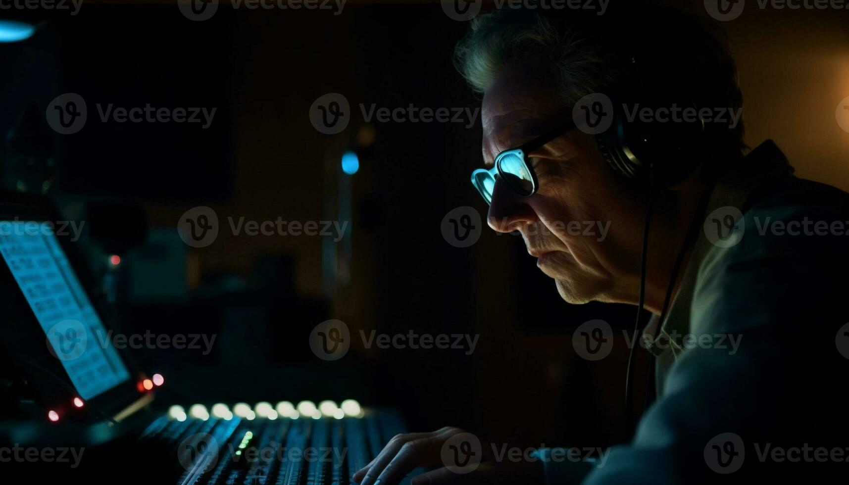 un musicien travail sur la musique dans boîte de nuit généré par ai photo