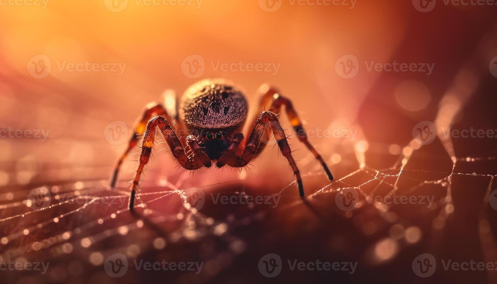 araignée rampe sur couvert de rosée la toile à le coucher du soleil généré par ai photo