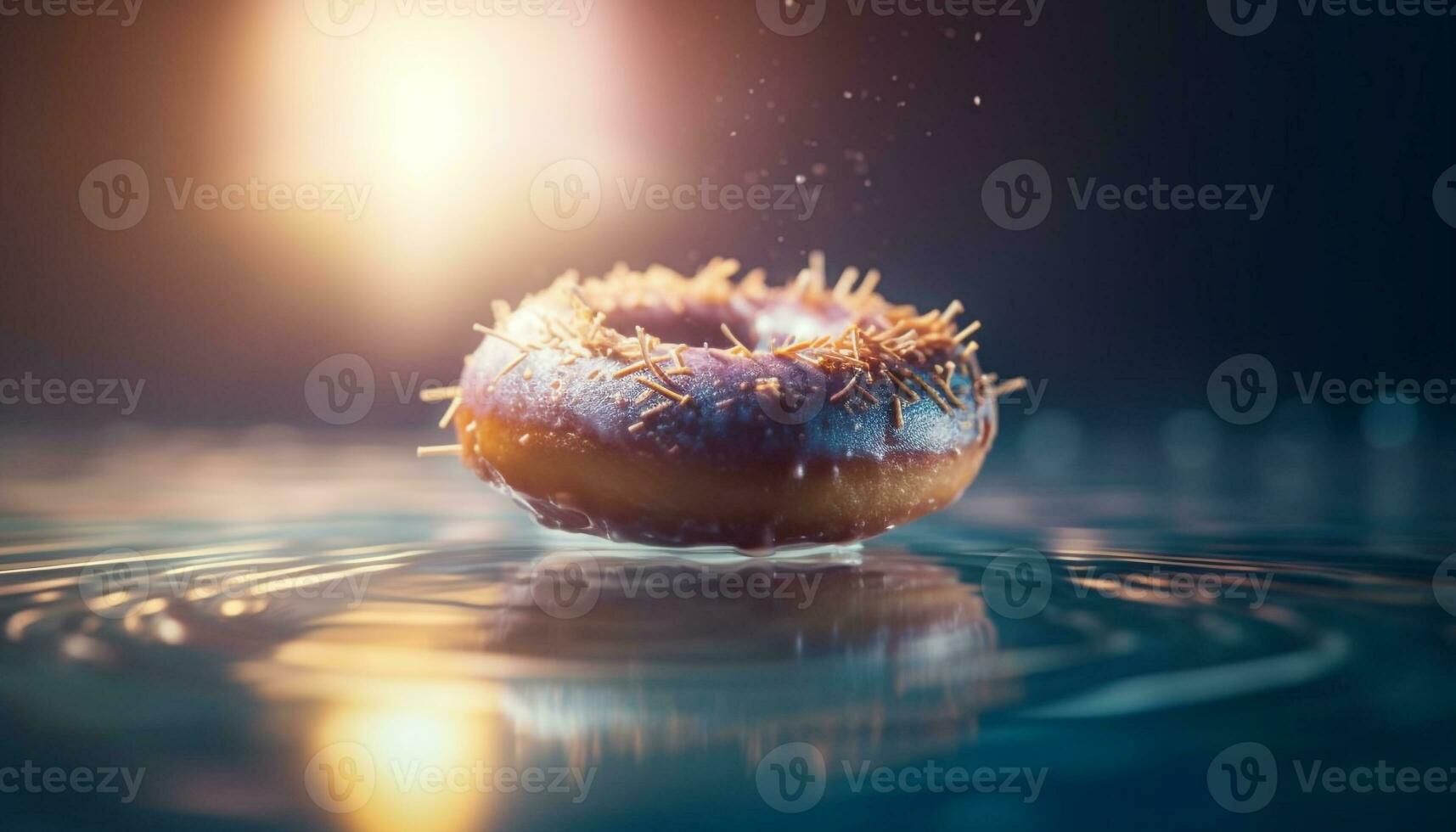 sucré Donut reflète dans humide bleu l'eau généré par ai photo