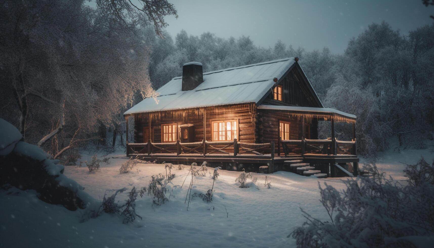 glacial hiver nuit, neige sur abandonné cabane génératif ai photo