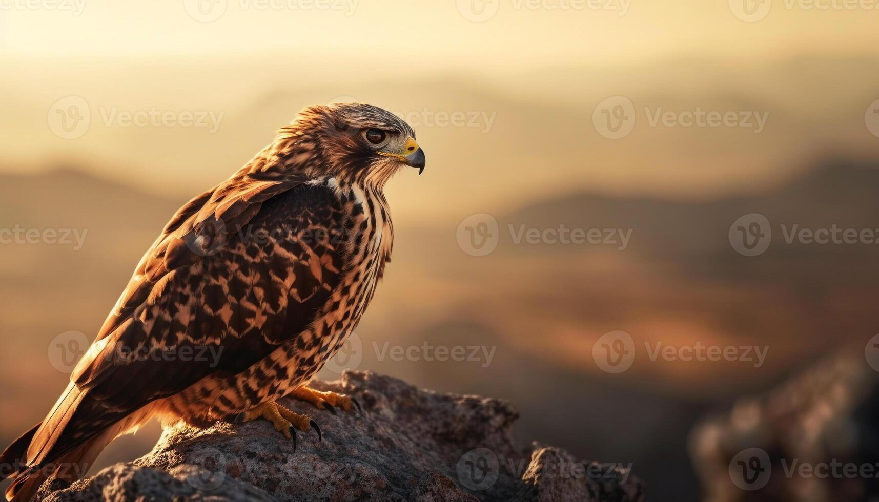 majestueux faucon se percher sur montagne, en train de regarder le coucher du soleil généré par ai photo