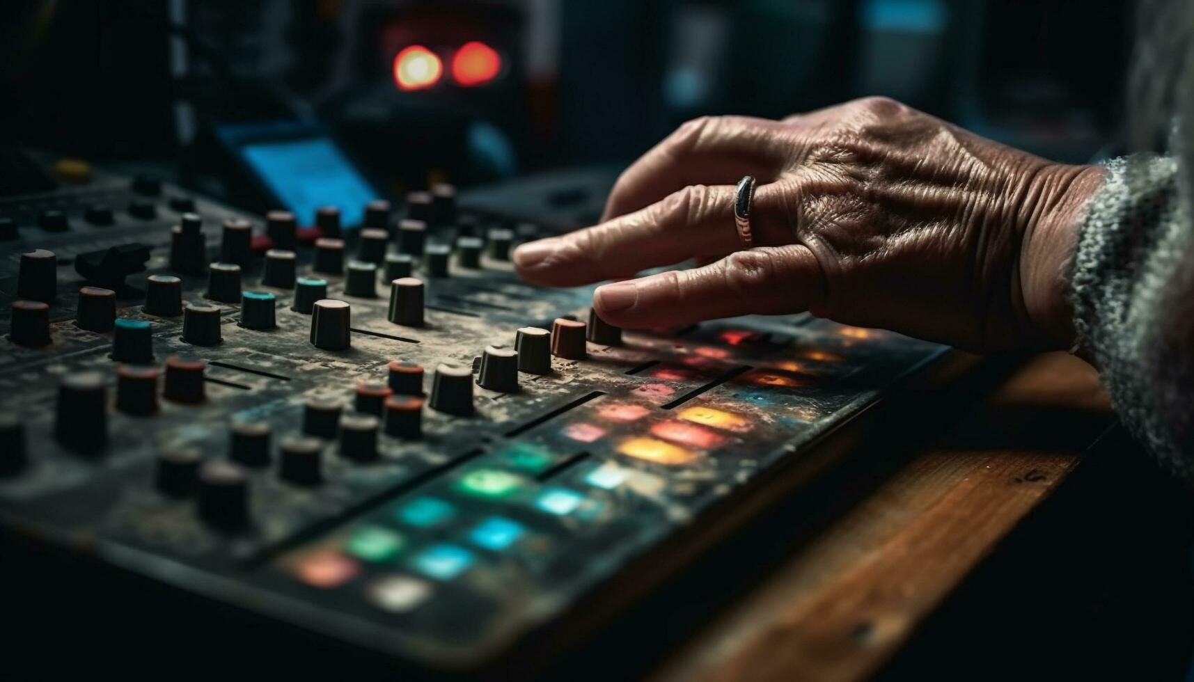 expert du son ingénieur ajuste mixer dans boîte de nuit performance généré par ai photo